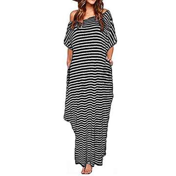 ZANZEA Women Summer Maxi Long Dress Casual Loose Kaftan Off Shoulder Sundress Beach Cover Up Dress Black Stripe S