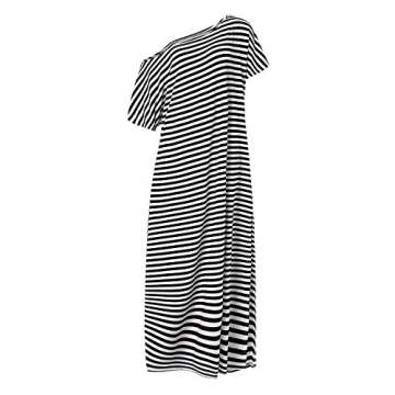 ZANZEA Women Summer Maxi Long Dress Casual Loose Kaftan Off Shoulder Sundress Beach Cover Up Dress Black Stripe S