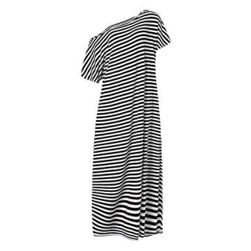 ZANZEA Women Summer Maxi Long Dress Casual Loose Kaftan Off Shoulder Sundress Beach Cover Up Dress Black Stripe S