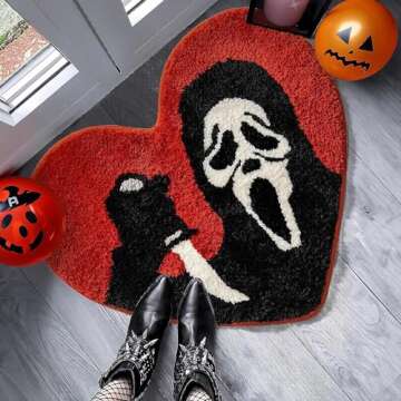 Isyende Halloween Bath Rugs - Spooky Skull Design, Black Red, Absorbent & Washable, Soft & Non-Slip Ghostface Decor, Heart-Shaped Scream Rug - Horror Halloween Bathroom Decor Carpet（22 * 26inch）
