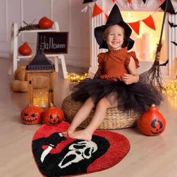 Isyende Halloween Bath Rugs - Spooky Skull Design, Black Red, Absorbent & Washable, Soft & Non-Slip Ghostface Decor, Heart-Shaped Scream Rug - Horror Halloween Bathroom Decor Carpet（22 * 26inch）