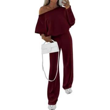 PRETTYGARDEN Womens Fall Fashion 2024 Two Piece Outfits Ribbed Long Sleeve Off Shoulder Tops and Wid...