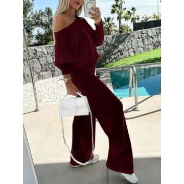 PRETTYGARDEN Womens Fall Fashion 2024 Two Piece Outfits Ribbed Long Sleeve Off Shoulder Tops and Wide Leg Pants with Pockets (Wine Red, Small)