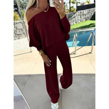 PRETTYGARDEN Womens Fall Fashion 2024 Two Piece Outfits Ribbed Long Sleeve Off Shoulder Tops and Wide Leg Pants with Pockets (Wine Red, Small)