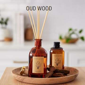 Craft & Kin Oud Wood Diffuser Reed Diffuser | All Natural Essential Oil & 8 Rattan Scent Sticks | Reed Diffusers for Home, Bathroom | Long Lasting Home Fragrance in Amber Glass, 5.75oz