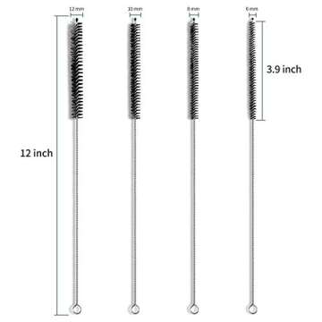 MOSOLAN Drinking Straw Cleaning Brush Set, Nylon Pipe Tube Cleaner, Stainless Steel Handle, 12 10 8 Inches Extra Long, 12 10 8 6mm Extra Wide Diameter, Multiple Size Straws (Set of 12)