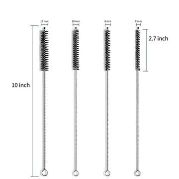 MOSOLAN Drinking Straw Cleaning Brush Set, Nylon Pipe Tube Cleaner, Stainless Steel Handle, 12 10 8 Inches Extra Long, 12 10 8 6mm Extra Wide Diameter, Multiple Size Straws (Set of 12)