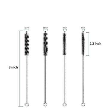 MOSOLAN Drinking Straw Cleaning Brush Set, Nylon Pipe Tube Cleaner, Stainless Steel Handle, 12 10 8 Inches Extra Long, 12 10 8 6mm Extra Wide Diameter, Multiple Size Straws (Set of 12)