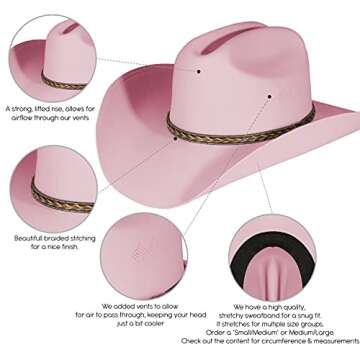 Enimay Western Cowboy & Cowgirl Hat Pinch Front Wide Brim Style (Small/Medium, Classic Pink)