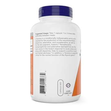 Now Foods L-Tyrosine 500mg, 300 Capsules - Non GMO - Supports Mental Alertness - 500 mg Caps - Free Form Supplement