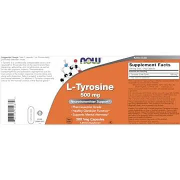 Now Foods L-Tyrosine 500mg, 300 Capsules - Non GMO - Supports Mental Alertness - 500 mg Caps - Free Form Supplement