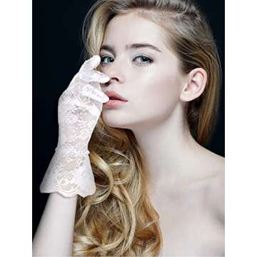 SATINIOR Ladies Lace Gloves for Women Tea Party Elegant Short Courtesy Gloves for Wedding Dinner Opera Parties(White)