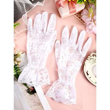 SATINIOR Ladies Lace Gloves for Women Tea Party Elegant Short Courtesy Gloves for Wedding Dinner Opera Parties(White)