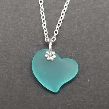 Yinahawaii Handmade Sea Glass Necklace, Hawaiian Jewelry For Women, Heart Necklace, Sea Glass Jewelry Birthday Gift For Women (Aquamarine - March)