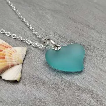 Yinahawaii Handmade Sea Glass Necklace, Hawaiian Jewelry For Women, Heart Necklace, Sea Glass Jewelry Birthday Gift For Women (Aquamarine - March)