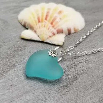 Yinahawaii Handmade Sea Glass Necklace, Hawaiian Jewelry For Women, Heart Necklace, Sea Glass Jewelry Birthday Gift For Women (Aquamarine - March)
