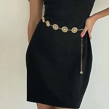 HIQUACC Women's Metal Waist Chain Chunky Body Jewelry Belly Link Belt (Pattern Gold-M)