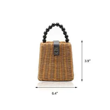 QTJK Fashion Women Hand-Woven Wicker Shoulder Bag - Summer Vintage Beach Tote with Beaded Handle and...