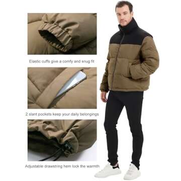 Flygo Men Puffer Jacket Winter Coats Water Resistant Long Sleeve Zip Up Lightweight Quilted Down Jackets(DarkKhaki-XXL)