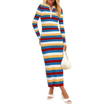 PRETTYGARDEN Women's Striped Spring Midi Sweater Dress Fall Long Sleeve Button Up V Neck Knit Bodyco...