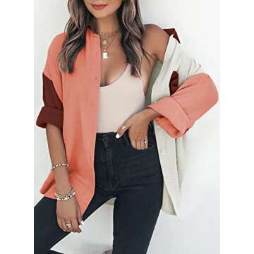 Dokotoo Womens Lightweight Stylish Long Sleeve V Neck Collared Button Down Shirts Soft Comfy Casual Basic Loose fit Boyfriend Color Block Fall Outwear Tops Blouse for Women Brown M