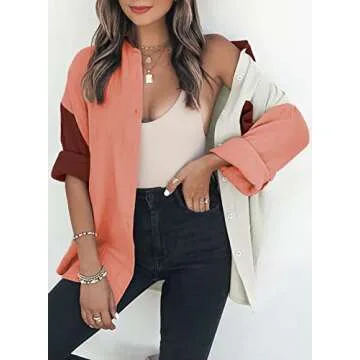 Dokotoo Womens Lightweight Stylish Long Sleeve V Neck Collared Button Down Shirts Soft Comfy Casual Basic Loose fit Boyfriend Color Block Fall Outwear Tops Blouse for Women Brown M