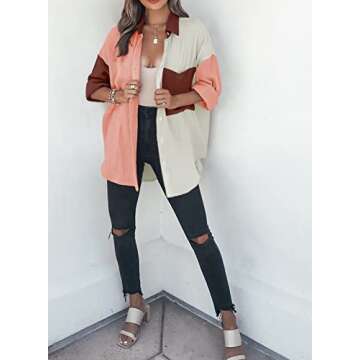 Dokotoo Womens Lightweight Stylish Long Sleeve V Neck Collared Button Down Shirts Soft Comfy Casual Basic Loose fit Boyfriend Color Block Fall Outwear Tops Blouse for Women Brown M