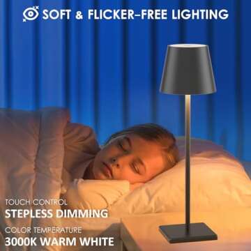 2-Pack LED Cordless Table Lamp, Rechargeable Battery Desk lamp 3W 5500mAh Battery Operated Stepless Dimming Modern Portable Table Light for Restaurant/Dinner/Bedroom/Outdoor IP54 Waterproof (Black)