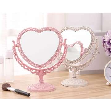 1 PC European-style Desk Mirror Cute Heart- Mirror Double Sided HD Magnifying Dressing Mirror Rotatable Portable Princess Mirror Bedroom Travel Mirror Suitable for Beauty Gifts for Wome（beige）