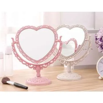 1 PC European-style Desk Mirror Cute Heart- Mirror Double Sided HD Magnifying Dressing Mirror Rotatable Portable Princess Mirror Bedroom Travel Mirror Suitable for Beauty Gifts for Wome（beige）