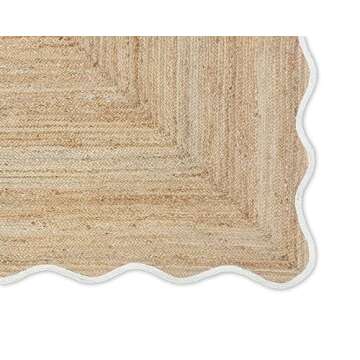Weaving Village Wave Scalloped Natural Jute Rug Boho Area Rug Braided Rug, Coastal Farmhouse Scallop Rug, Off White (3'x5')