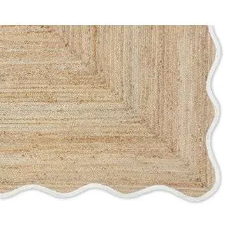 Weaving Village Wave Scalloped Natural Jute Rug Boho Area Rug Braided Rug, Coastal Farmhouse Scallop Rug, Off White (3'x5')
