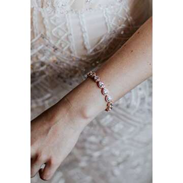 SWEETV Teardrop Rose Gold Wedding Bridal Bracelets for Brides, Crystal Rhinestone Cubic Zirconia Tennis Bracelets for Women Prom, Bridal Jewelry