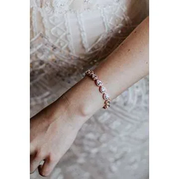 SWEETV Teardrop Rose Gold Wedding Bridal Bracelets for Brides, Crystal Rhinestone Cubic Zirconia Tennis Bracelets for Women Prom, Bridal Jewelry