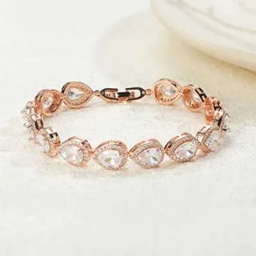 SWEETV Teardrop Rose Gold Wedding Bridal Bracelets for Brides, Crystal Rhinestone Cubic Zirconia Tennis Bracelets for Women Prom, Bridal Jewelry