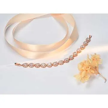 SWEETV Teardrop Rose Gold Wedding Bridal Bracelets for Brides, Crystal Rhinestone Cubic Zirconia Tennis Bracelets for Women Prom, Bridal Jewelry
