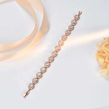 SWEETV Teardrop Rose Gold Wedding Bridal Bracelets for Brides, Crystal Rhinestone Cubic Zirconia Tennis Bracelets for Women Prom, Bridal Jewelry
