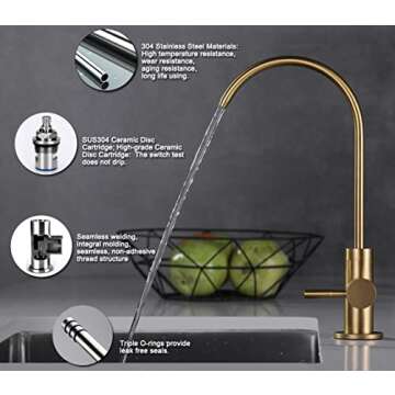 ESOW Kitchen Water Filter Faucet, 100% Lead-Free Drinking Water Faucet Fits Most Reverse Osmosis Units or Water Filtration System in Non-Air Gap, Stainless Steel 304 Body Brushed Gold Finish