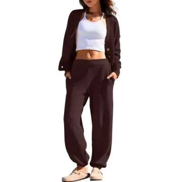 Yanekop Womens Two Piece Outfits V Neck Button Down Cardigan Sweater Sets Cozy Knit Loungewear Set(Brown,M)