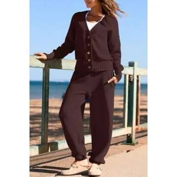 Yanekop Womens Two Piece Outfits V Neck Button Down Cardigan Sweater Sets Cozy Knit Loungewear Set(Brown,M)