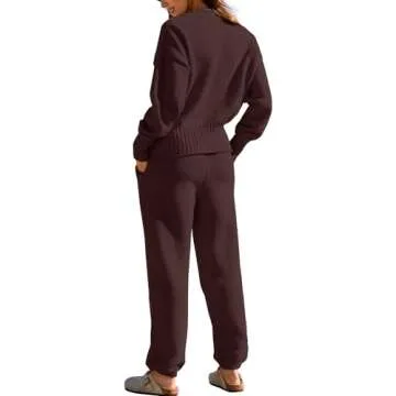 Yanekop Womens Two Piece Outfits V Neck Button Down Cardigan Sweater Sets Cozy Knit Loungewear Set(Brown,M)