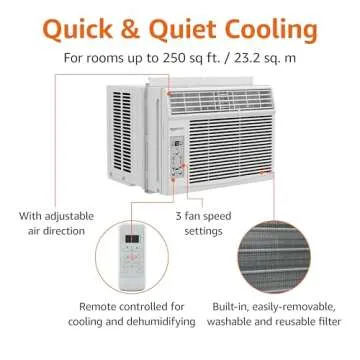 Amazon Basics Window Air Conditioner, 6000 BTU, Cools up to 250 Sq. Ft., White AC Unit, Remote Contr...