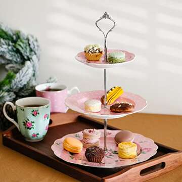 Brew To A Tea 3-Tier Porcelain Dessert Stand, Pink, 12"