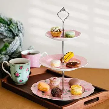 Brew To A Tea 3-Tier Porcelain Dessert Stand, Pink, 12"