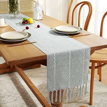 Chassic Rustic Farmhouse Style Linen Table Runner with Tassels - Light Grey 72" - Ideal for Holidays...