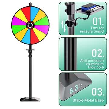 24" Prize Wheel - Dual Use Tabletop or Height Adjustable Floor Stand Heavy Duty Spinner Wheel of Fortune with 12 Slots & Dry Erase & Eraser for Carnival, Trade Show, Fortune Spinning Game