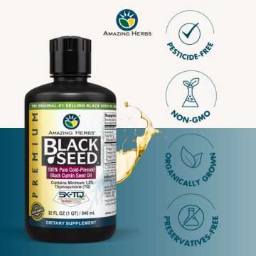 Amazing Herbs Premium Black Seed Oil - Cold Pressed Nigella Sativa Aids in Digestive Health, Immune Support, Brain Function, Joint Mobility, Gluten Free, Non GMO - 32 Fl Oz