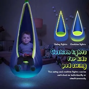 LFSMVT Light Up Kids Pod Swing Seat, Upgraded Kids Hanging Hammock Swing with LED Lights, Cotton Sensory Pod Swing Chair with Inflatable Pillow, Pod Swing for Kids Indoor & Outdoor (1 PCS) (Blue)
