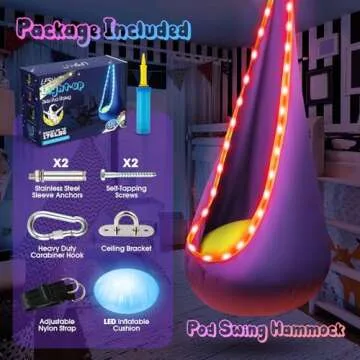 LFSMVT Light Up Kids Pod Swing Seat, Upgraded Kids Hanging Hammock Swing with LED Lights, Cotton Sensory Pod Swing Chair with Inflatable Pillow, Pod Swing for Kids Indoor & Outdoor (1 PCS) (Blue)