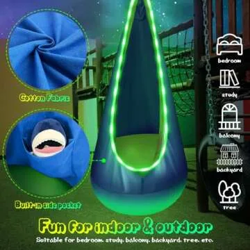 LFSMVT Light Up Kids Pod Swing Seat, Upgraded Kids Hanging Hammock Swing with LED Lights, Cotton Sensory Pod Swing Chair with Inflatable Pillow, Pod Swing for Kids Indoor & Outdoor (1 PCS) (Blue)